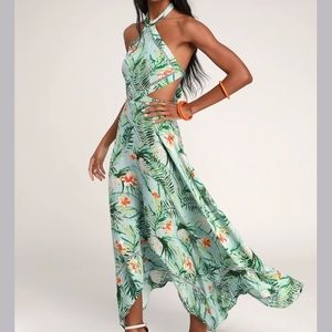 Lulus St Tropez Mint Blue Leaf Print Halter Dress
